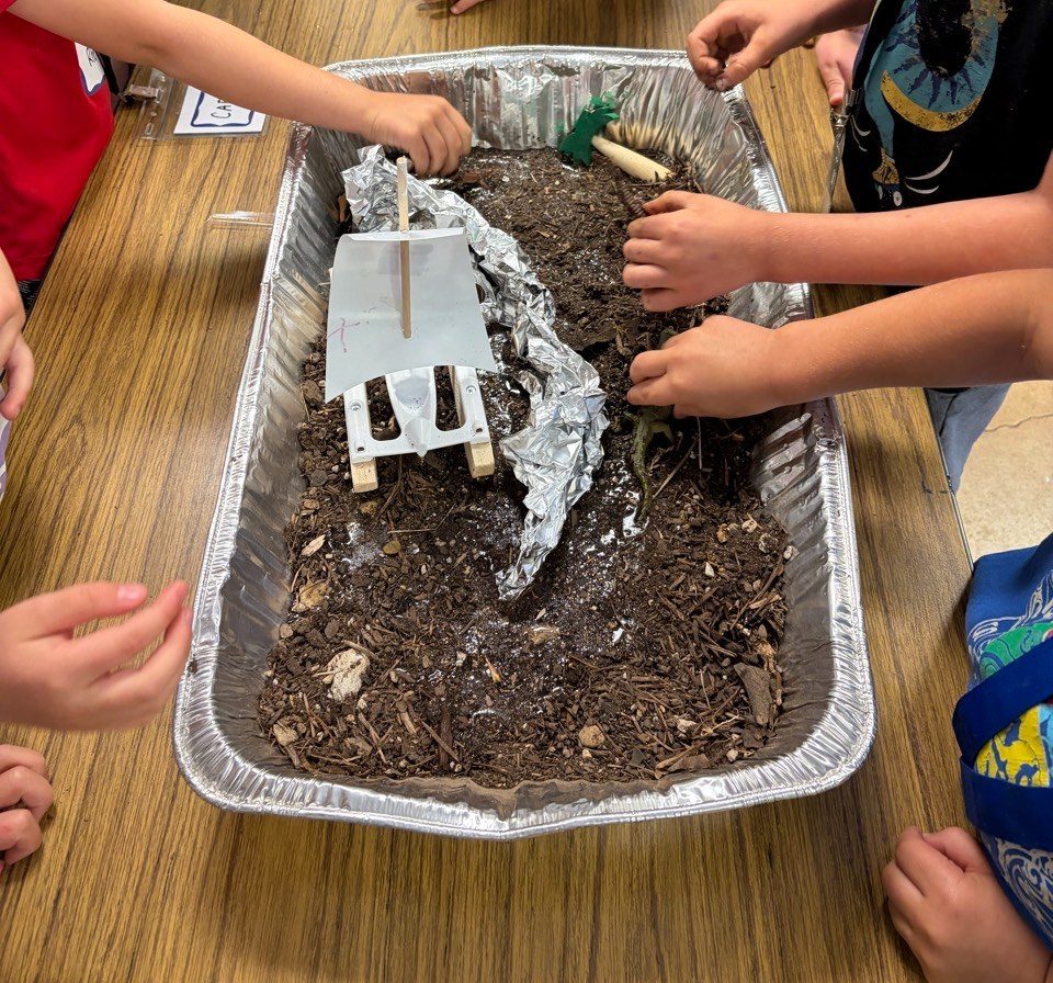 Children with their hands in a tray of soil during a hands-on lesson